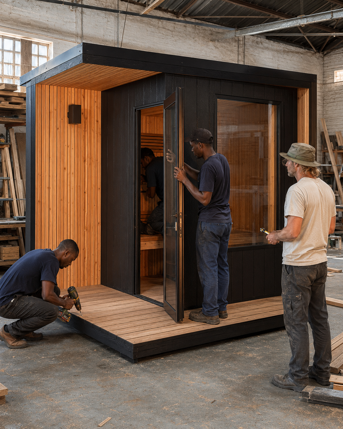 Cape Town team building a sauna in the workshop
